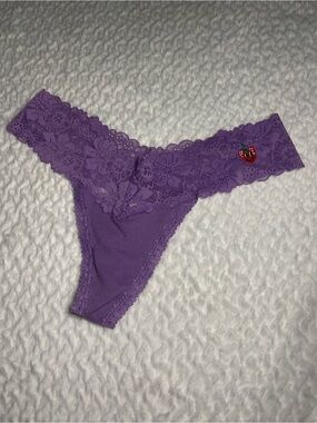 PINK by Victoria’s Secret purple lace waist thong panties strawberry on hip